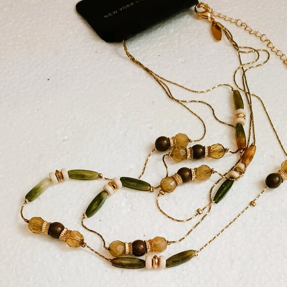 NY & Co Multi Strand Beaded Necklace 24" Layered Gold Green & Brown Tones - Picture 3 of 9
